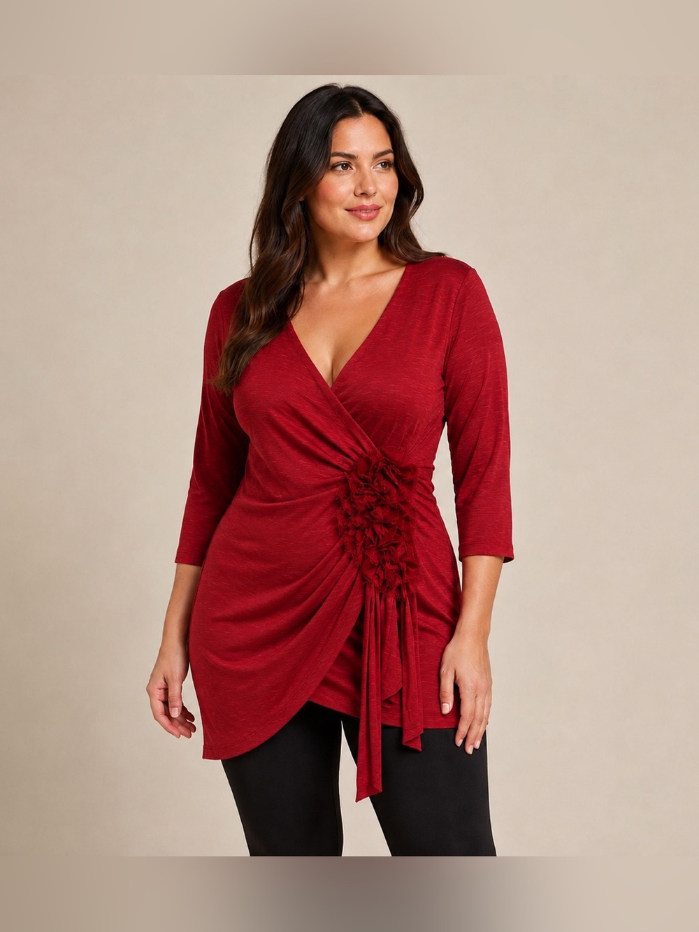 Rainbow Women’s Red Wrap Top Ruffle Floral 3/4 Sleeve Tunic Size XL